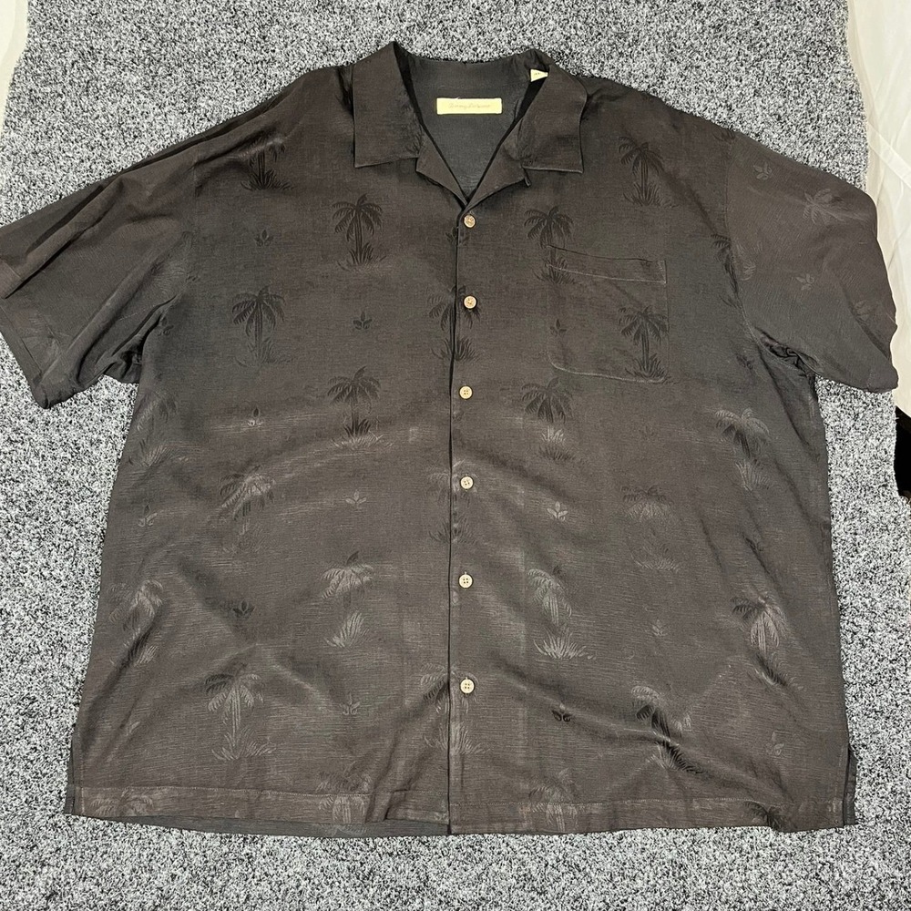 Tommy Bahama Mens XXL Black Silk Jacquard Palm Tree Short Sleeve Camp Shirt